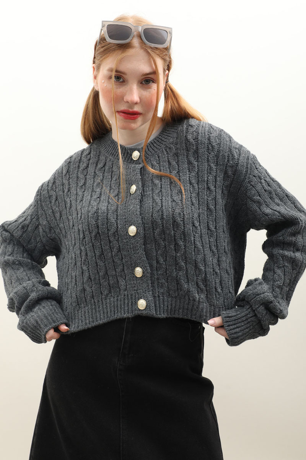 Gold Düğmeli Kısa Hırka Antrasit - 2