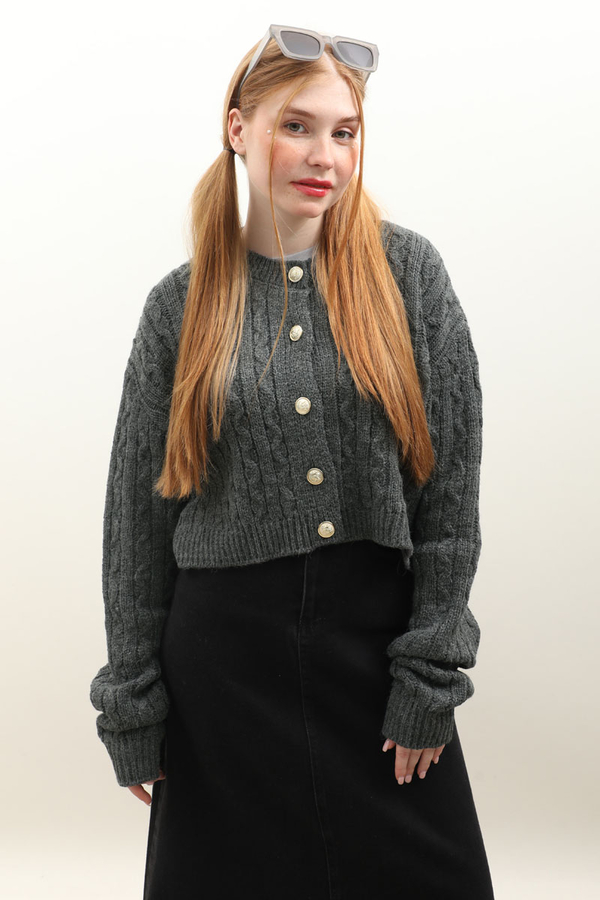 Gold Düğmeli Kısa Hırka Antrasit - 5