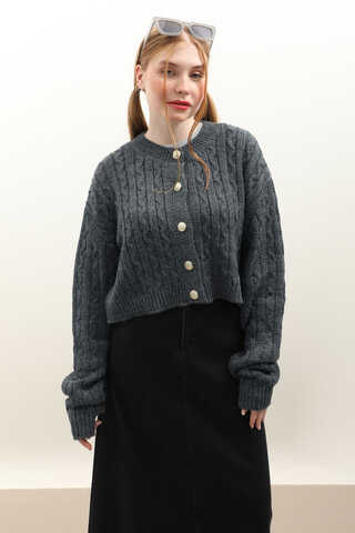 Gold Düğmeli Kısa Hırka Antrasit - 6