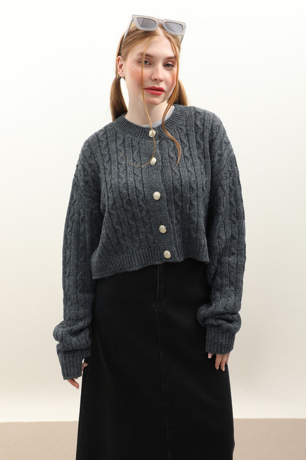 Gold Düğmeli Kısa Hırka Antrasit - 6