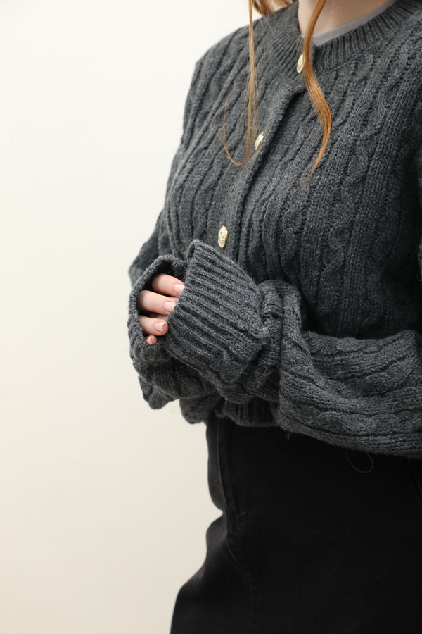 Gold Düğmeli Kısa Hırka Antrasit - 9