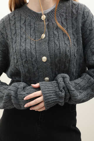 Gold Düğmeli Kısa Hırka Antrasit - 1