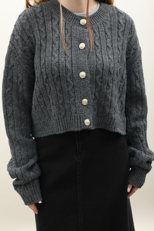 Gold Düğmeli Kısa Hırka Antrasit - 3