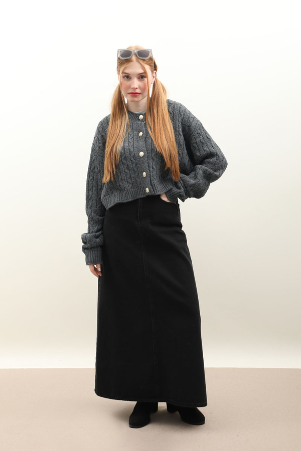 Gold Düğmeli Kısa Hırka Antrasit - 4