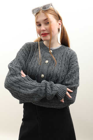 Gold Düğmeli Kısa Hırka Antrasit - 7