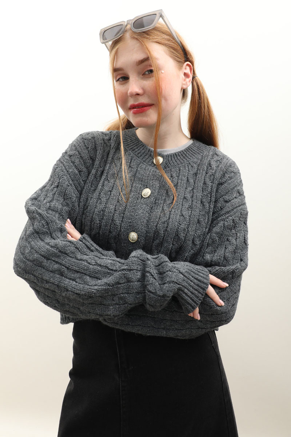 Gold Düğmeli Kısa Hırka Antrasit - 7