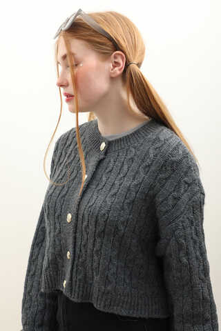 Gold Düğmeli Kısa Hırka Antrasit - 8