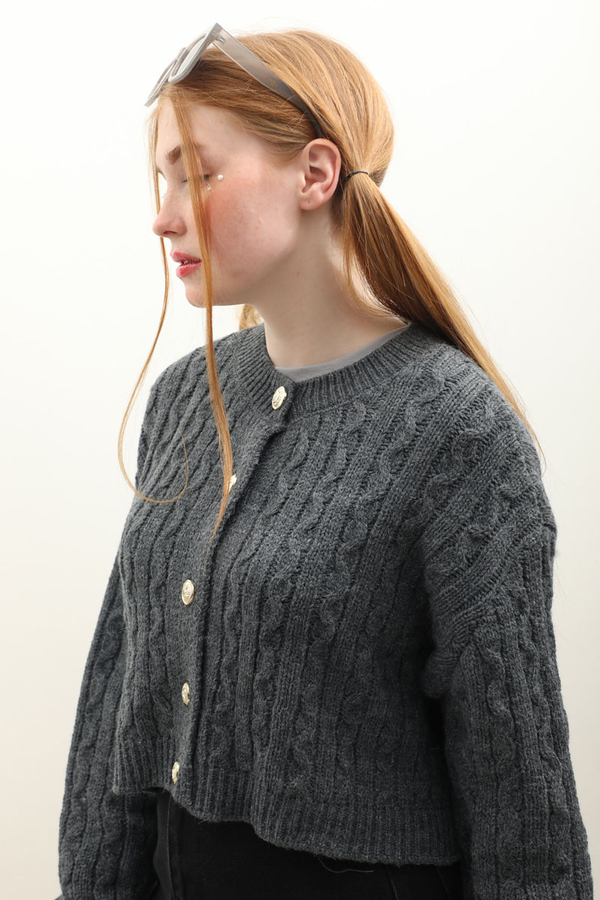 Gold Düğmeli Kısa Hırka Antrasit - 8