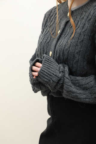 Gold Düğmeli Kısa Hırka Antrasit - 9