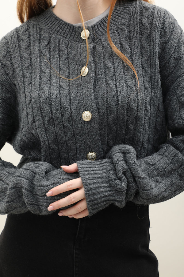 Gold Düğmeli Kısa Hırka Antrasit - 1