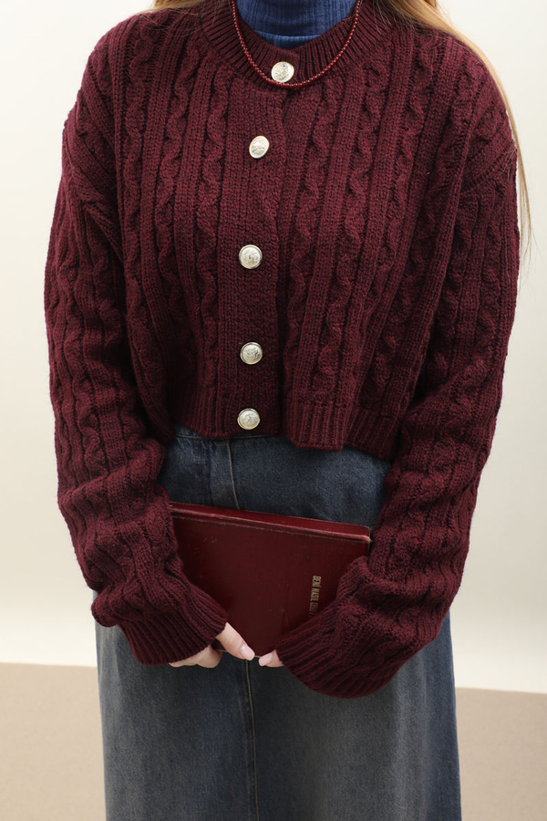 Gold Düğmeli Kısa Hırka Bordo - 4