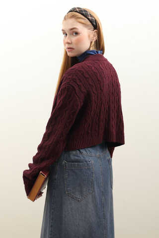 Gold Düğmeli Kısa Hırka Bordo - 9