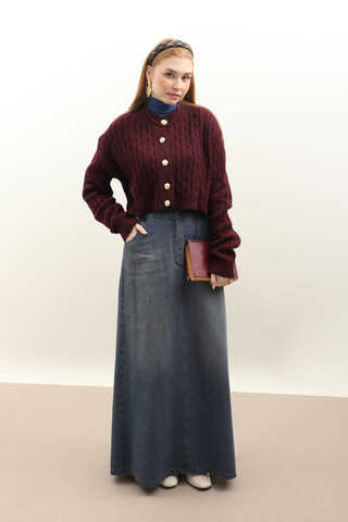 Gold Düğmeli Kısa Hırka Bordo - 1