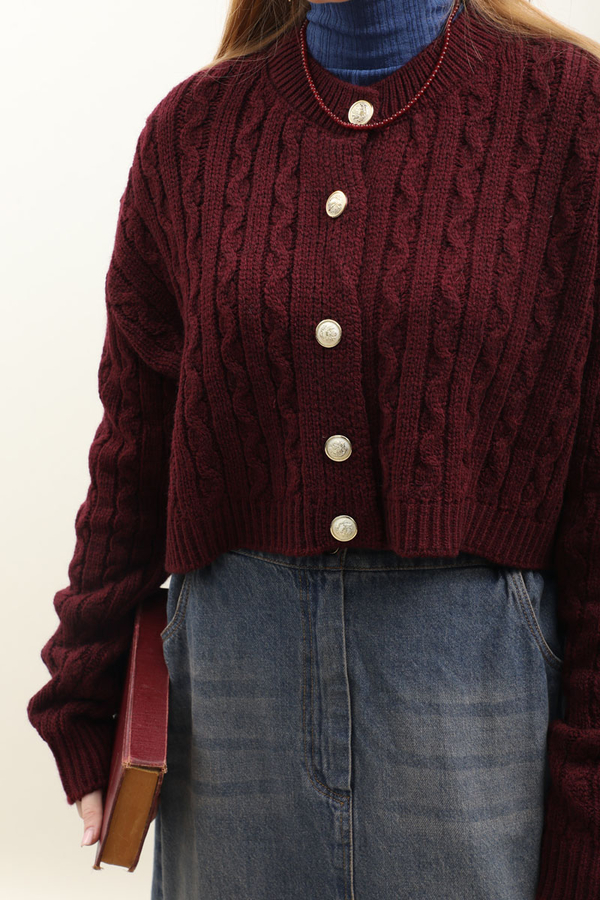 Gold Düğmeli Kısa Hırka Bordo - 7