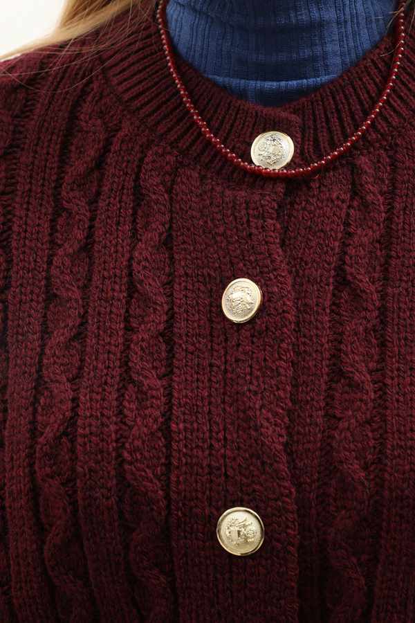 Gold Düğmeli Kısa Hırka Bordo - 6