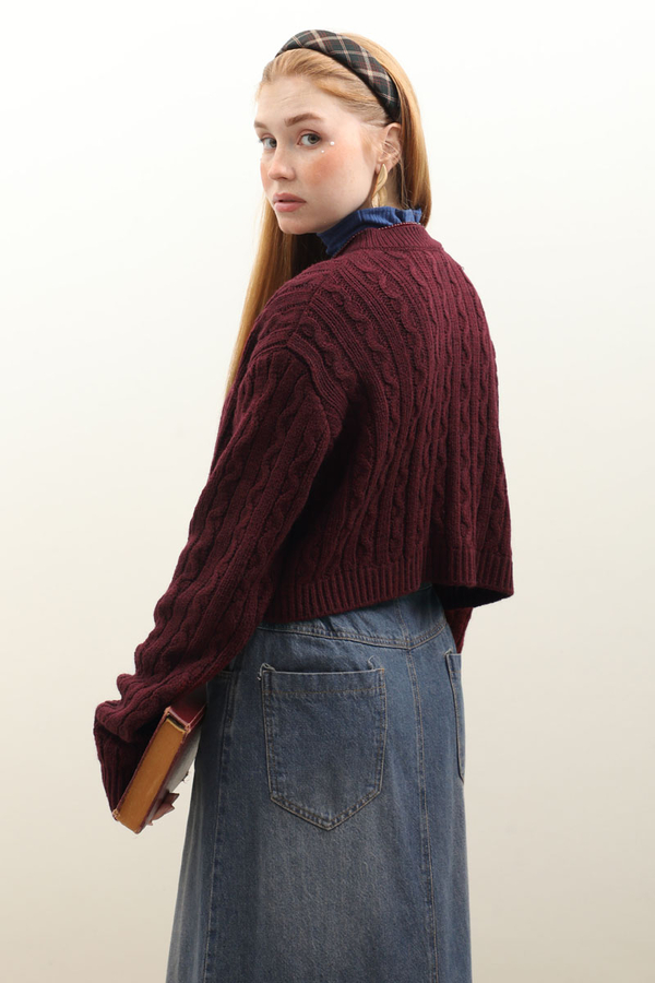 Gold Düğmeli Kısa Hırka Bordo - 9