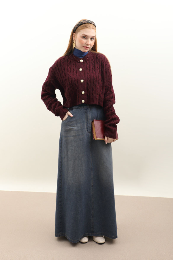 Gold Düğmeli Kısa Hırka Bordo - 1