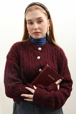 Gold Düğmeli Kısa Hırka Bordo - 2