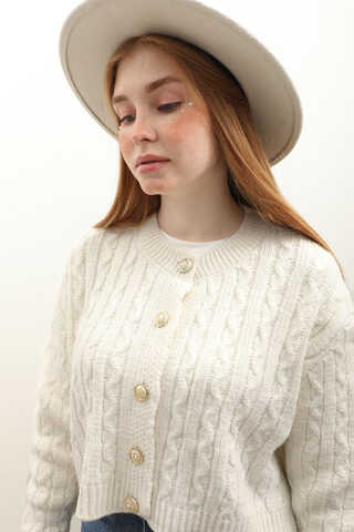 Gold Düğmeli Kısa Hırka Ekru - 3