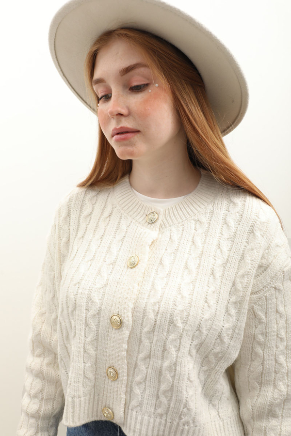 Gold Düğmeli Kısa Hırka Ekru - 3