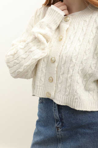 Gold Düğmeli Kısa Hırka Ekru - 4