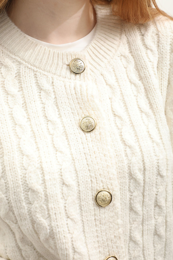 Gold Düğmeli Kısa Hırka Ekru - 6