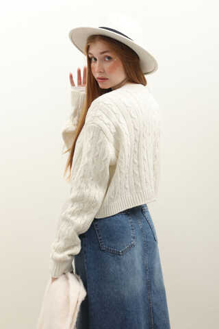 Gold Düğmeli Kısa Hırka Ekru - 8