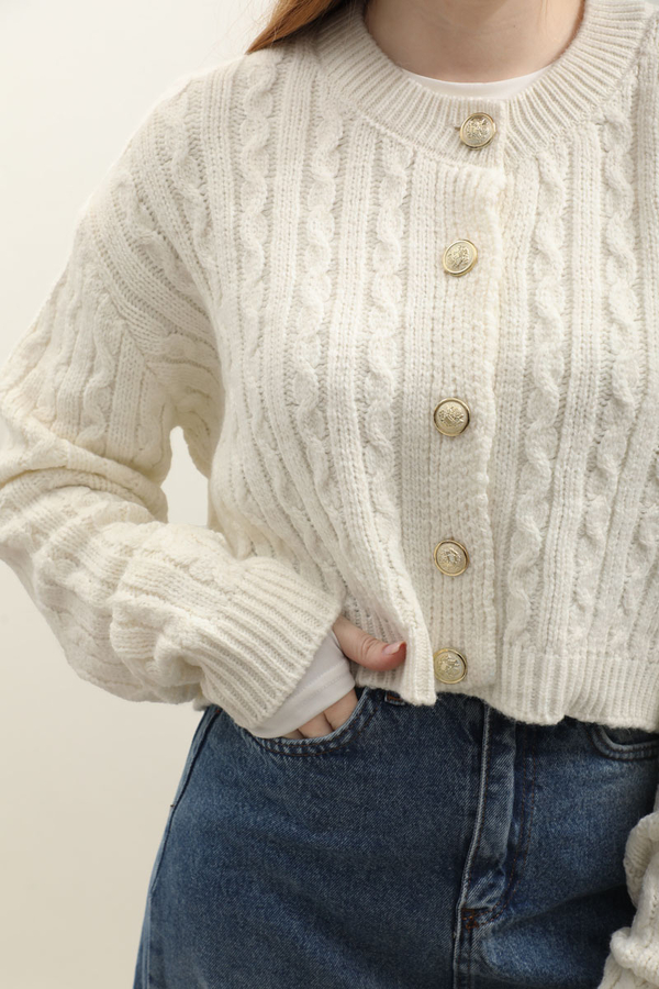 Gold Düğmeli Kısa Hırka Ekru - 9