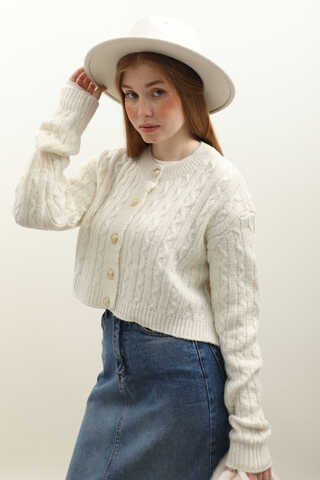 Gold Düğmeli Kısa Hırka Ekru - 12