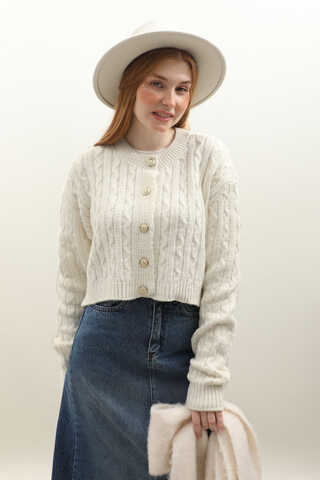 Gold Düğmeli Kısa Hırka Ekru - 13