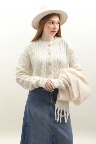 Gold Düğmeli Kısa Hırka Ekru - 1