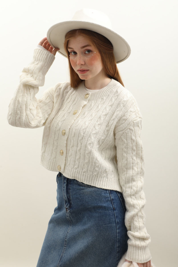 Gold Düğmeli Kısa Hırka Ekru - 12