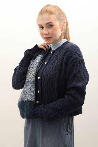 Gold Düğmeli Kısa Hırka Lacivert - 1