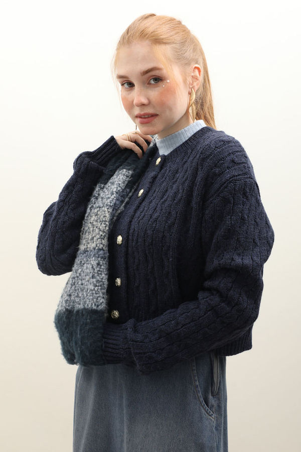 Gold Düğmeli Kısa Hırka Lacivert - 1