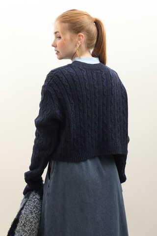 Gold Düğmeli Kısa Hırka Lacivert - 8