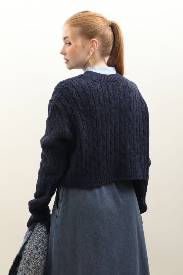 Gold Düğmeli Kısa Hırka Lacivert - 8