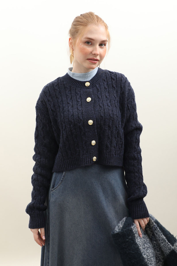 Gold Düğmeli Kısa Hırka Lacivert - 2