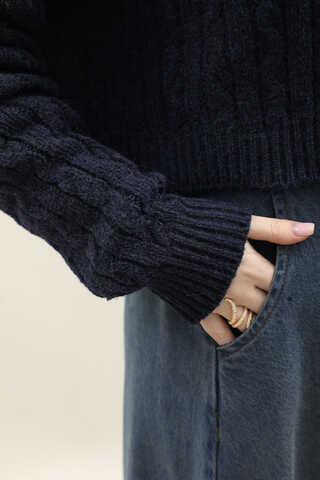 Gold Düğmeli Kısa Hırka Lacivert - 7