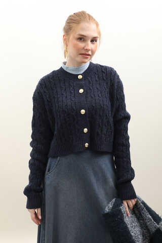 Gold Düğmeli Kısa Hırka Lacivert - 2