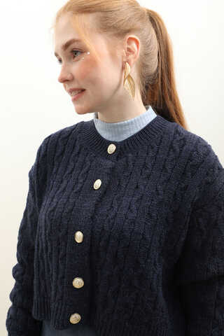 Gold Düğmeli Kısa Hırka Lacivert - 3