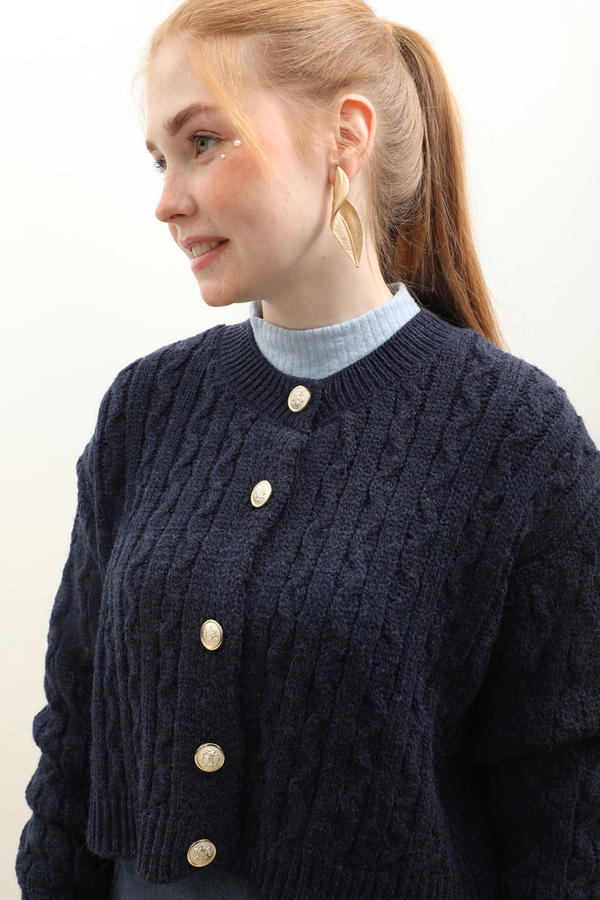 Gold Düğmeli Kısa Hırka Lacivert - 3