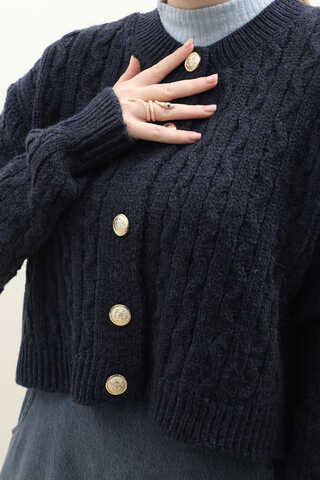 Gold Düğmeli Kısa Hırka Lacivert - 4