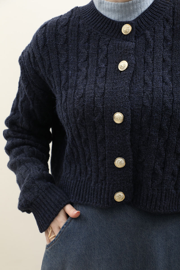 Gold Düğmeli Kısa Hırka Lacivert - 5