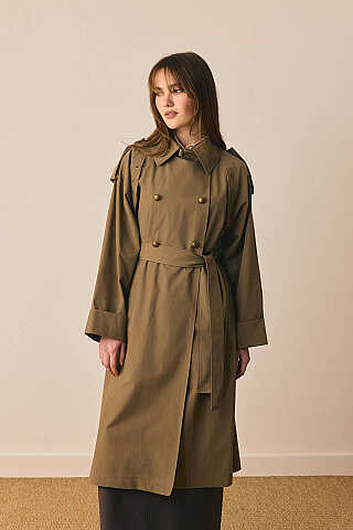 Gold Düğmeli Trençkot Haki - 1