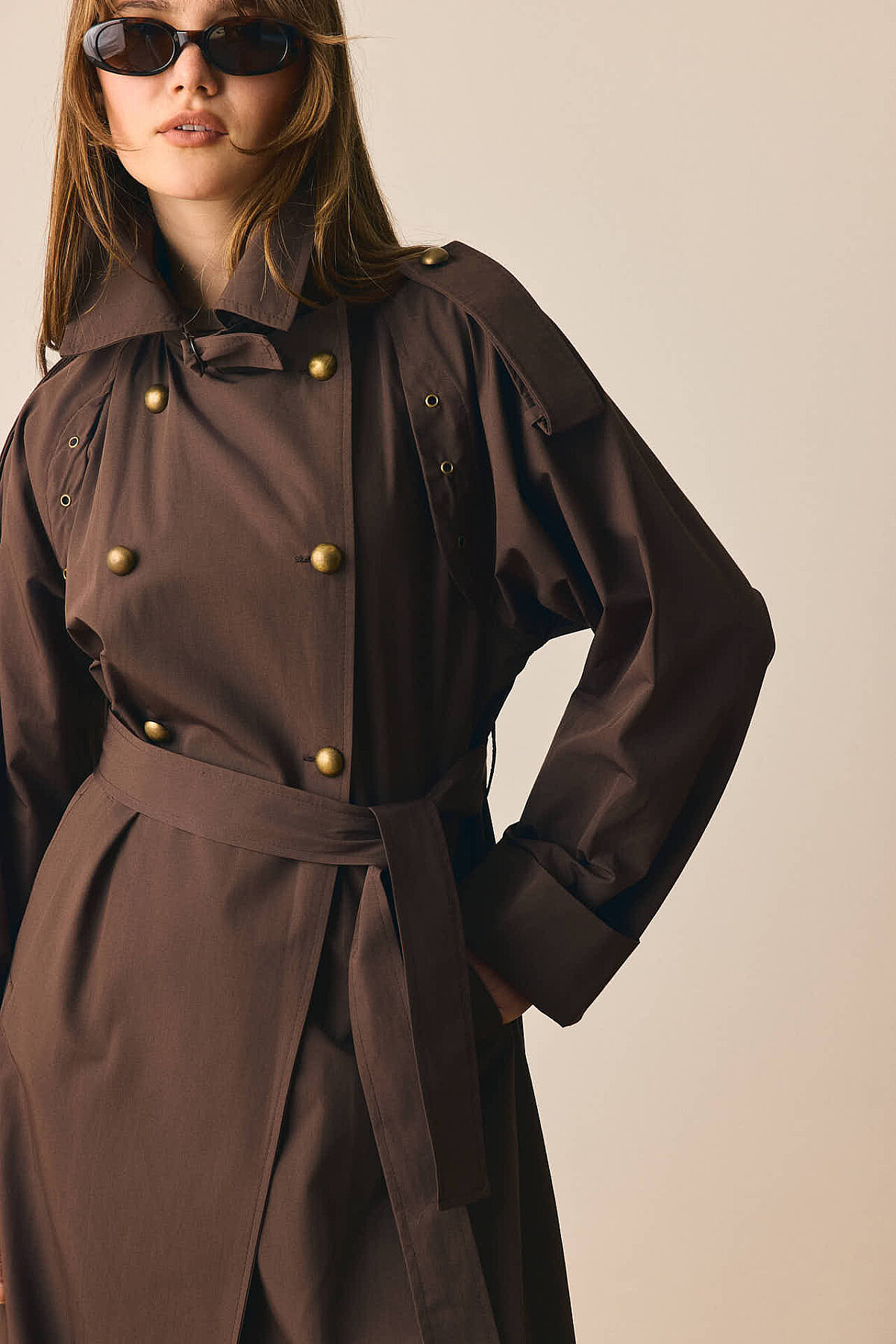 Gold Düğmeli Trençkot Kahverengi