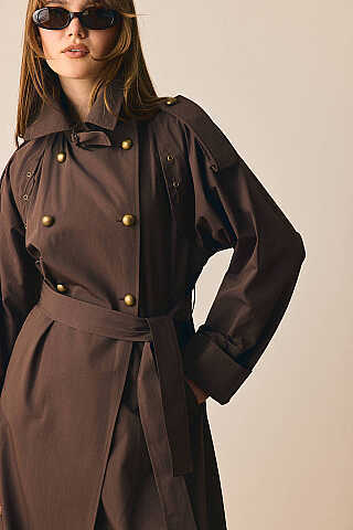 Gold Düğmeli Trençkot Kahverengi - 1