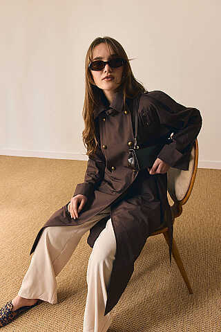 Gold Düğmeli Trençkot Kahverengi - 6