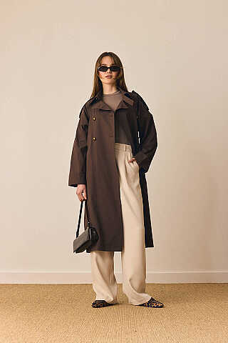 Gold Düğmeli Trençkot Kahverengi - 4