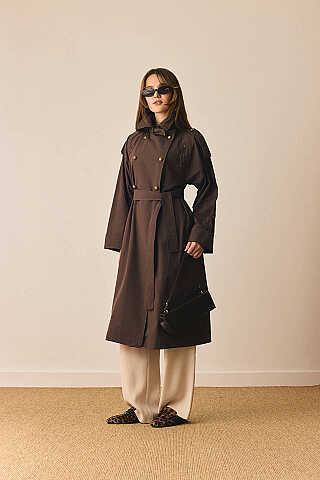 Gold Düğmeli Trençkot Kahverengi - 2