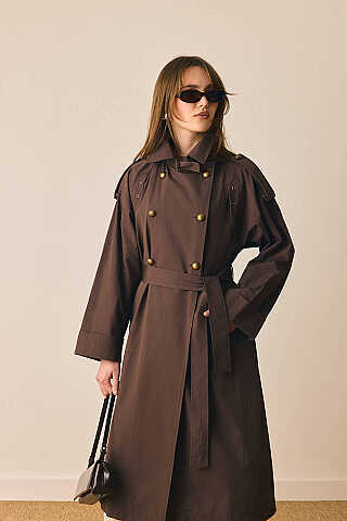 Gold Düğmeli Trençkot Kahverengi - 7